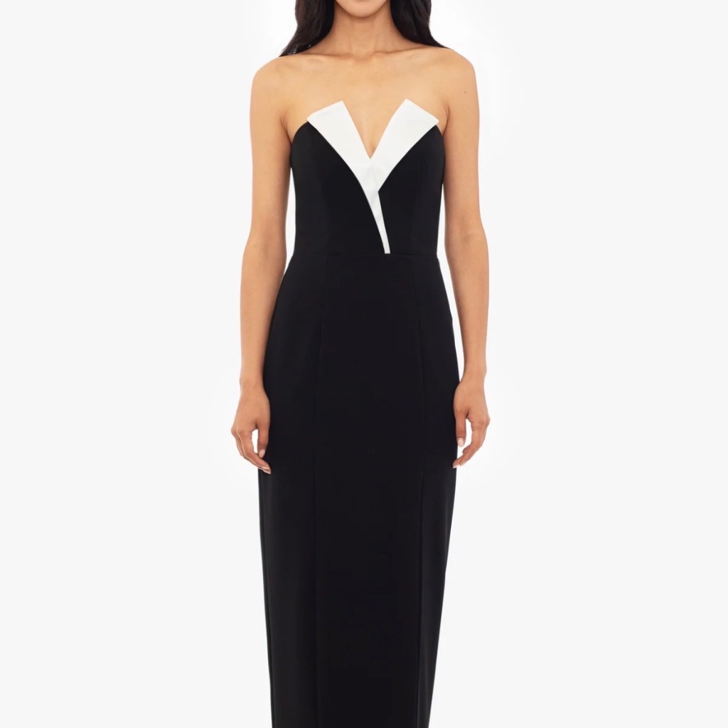 "Violette" Long Strapless V Neck Tuxedo Dress
